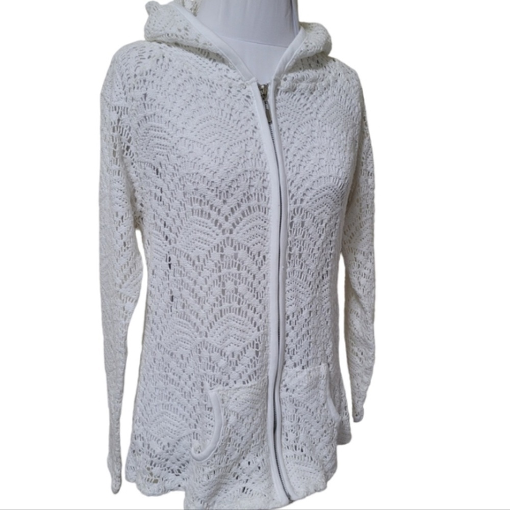 CHARLIE PAIGE WHITE CROCHET HOODIE CARDIGAN
